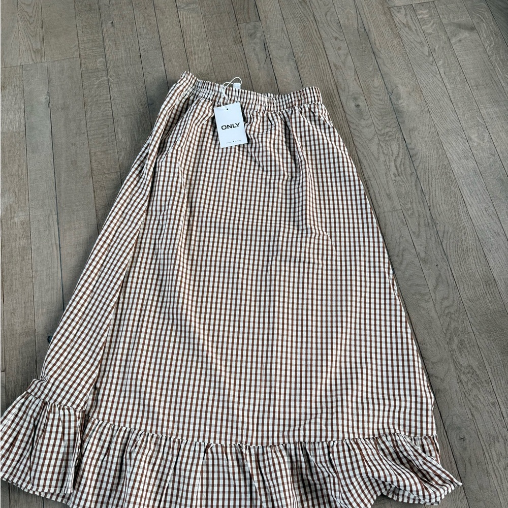 Only Brown and White Maxi A-Line Skirt with Ruffled Tie Front